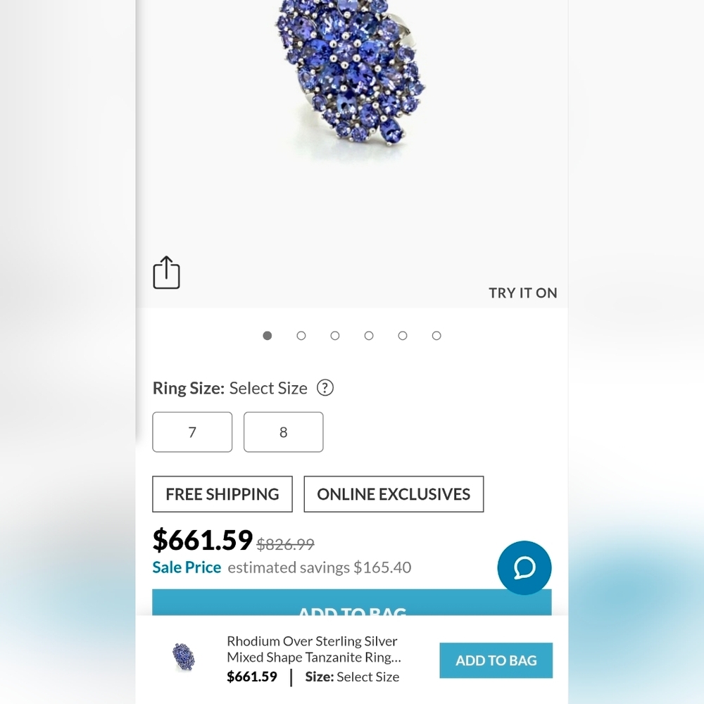 Natural Tanzanite Cluster Ring in Platinum over Sterling Silver Sz 6 - Picture 14 of 14